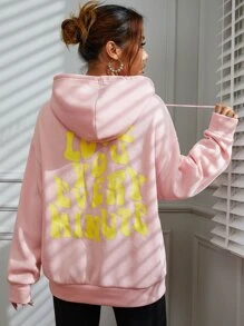 SHEIN Unity Slogan Graphic Drop Shoulder Hoodie - Pink - View 6