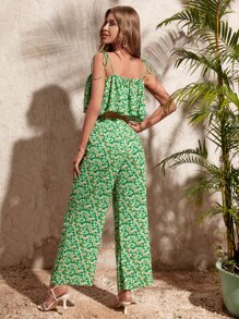 SHEIN VCAY Ditsy Floral Print Ruffle Trim Cami Top & Wide Leg Pants - Multicolor - View 3