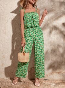 SHEIN VCAY Ditsy Floral Print Ruffle Trim Cami Top & Wide Leg Pants - Multicolor - View 4