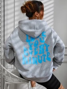 SHEIN Unity Slogan Graphic Drop Shoulder Hoodie - Grey - View 6