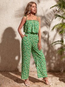 SHEIN VCAY Ditsy Floral Print Ruffle Trim Cami Top & Wide Leg Pants - Multicolor - View 5