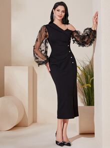 Modelyn Contrast Mesh Asymmetrical Neck Lantern Sleeve Button Front Dress Long Evening Dresses - Black - View 4