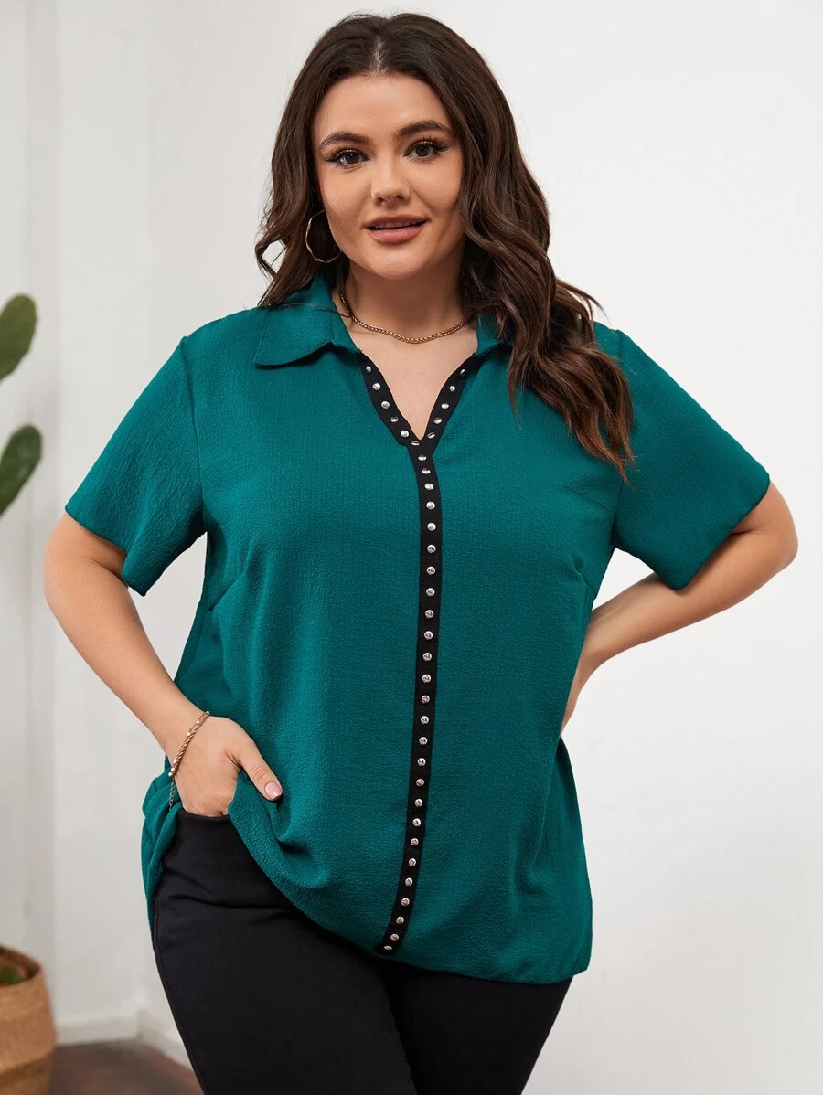 SHEIN LUNE Plus Contrast Trim Shirt - Dark Green - View 1