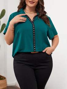 SHEIN LUNE Plus Contrast Trim Shirt - Dark Green - View 5