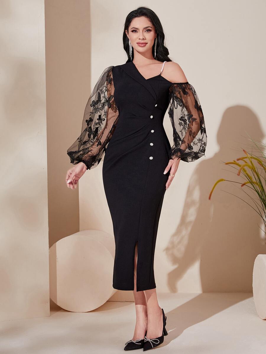 Modelyn Vestido largo de noche con botones, mangas farol, cuello asimétrico y malla de contraste - Negro - Ver 1