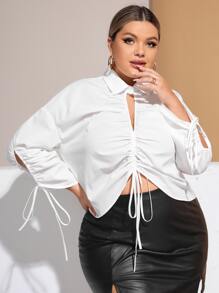 SHEIN SXY Plus Cut Out Drawstring Front Drop Shoulder Blouse - White - View 1