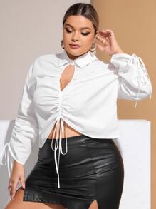 SHEIN SXY Plus Cut Out Drawstring Front Drop Shoulder Blouse - White - View 3