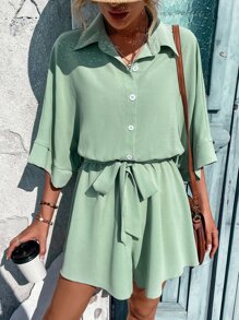 SHEIN LUNE 蝙蝠袖腰帶襯衫連體短褲 - 薄荷綠 - 查看 1