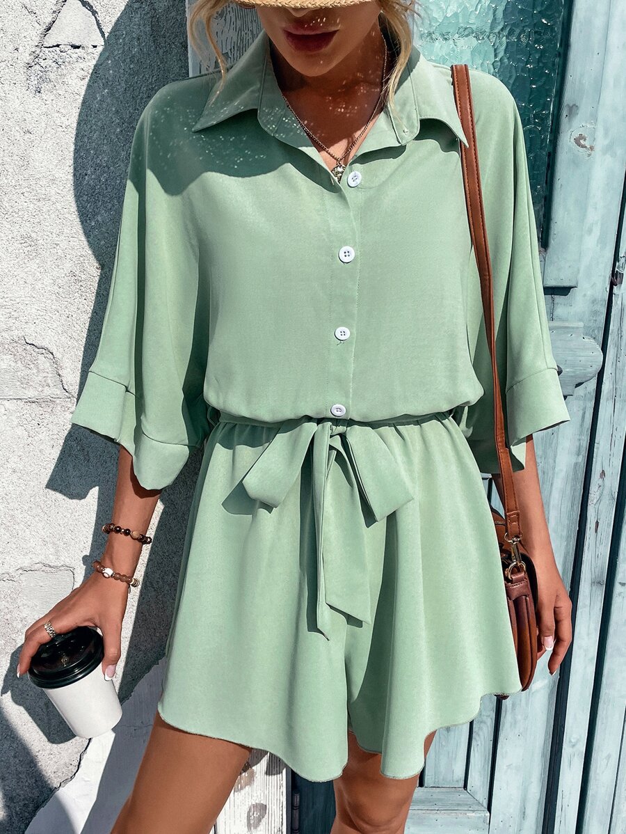 SHEIN LUNE 蝙蝠袖腰帶襯衫連體短褲 - 薄荷綠 - 查看 1