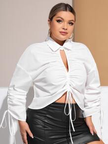 SHEIN SXY Plus Cut Out Drawstring Front Drop Shoulder Blouse - White - View 4
