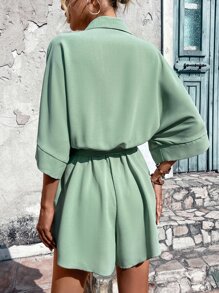 SHEIN LUNE 蝙蝠袖腰帶襯衫連體短褲 - 薄荷綠 - 查看 2