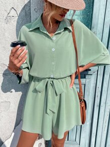 SHEIN LUNE 蝙蝠袖腰帶襯衫連體短褲 - 薄荷綠 - 查看 5