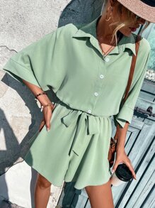 SHEIN LUNE 蝙蝠袖腰帶襯衫連體短褲 - 薄荷綠 - 查看 6
