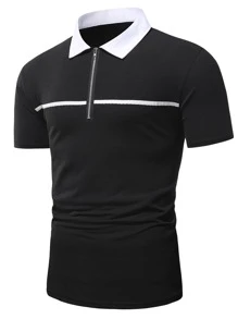 Manfinity Men Contrast Collar Half Zipper Polo Shirt - Black - View 5