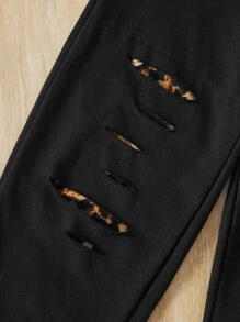 SHEIN Niñas Pullover con estampado de figura de manga raglán & Pantalones deportivos desgarro - Multicolor - Ver 4