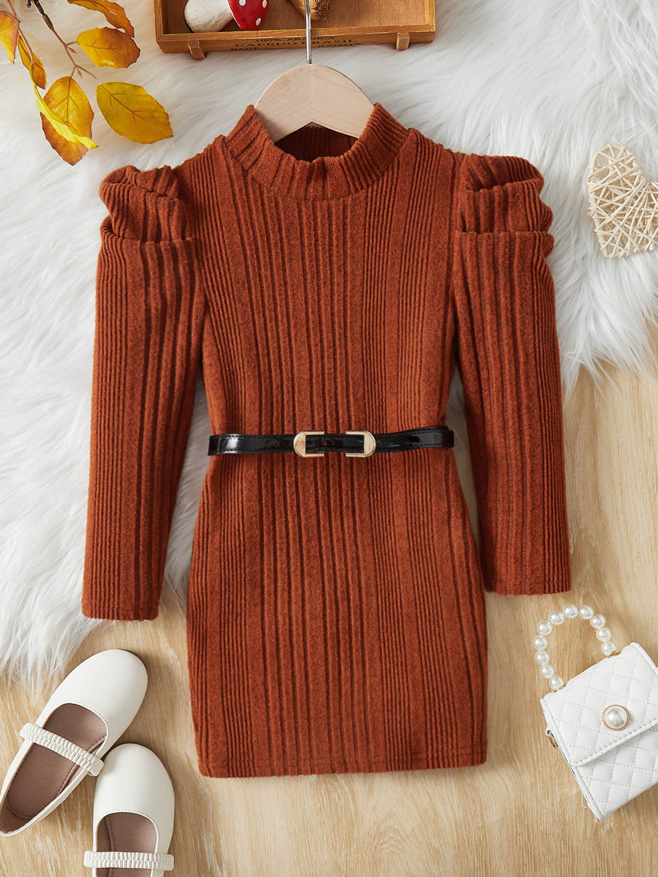 SHEIN Young Girl Mock Neck Puff Sleeve Dress Without Belt - Rust Brown - View 1