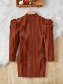 SHEIN Young Girl Mock Neck Puff Sleeve Dress Without Belt - Rust Brown - View 2