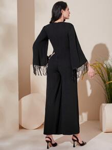 Modelyn 流蘇邊闊腿連體褲 - 黑色 - 查看 2