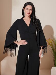 Modelyn 流蘇邊闊腿連體褲 - 黑色 - 查看 3