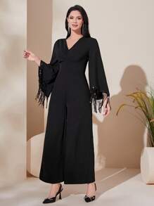 Modelyn 流蘇邊闊腿連體褲 - 黑色 - 查看 4