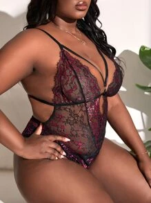 Plus Floral Lace Harness Teddy Bodysuit - Multicolor - View 4