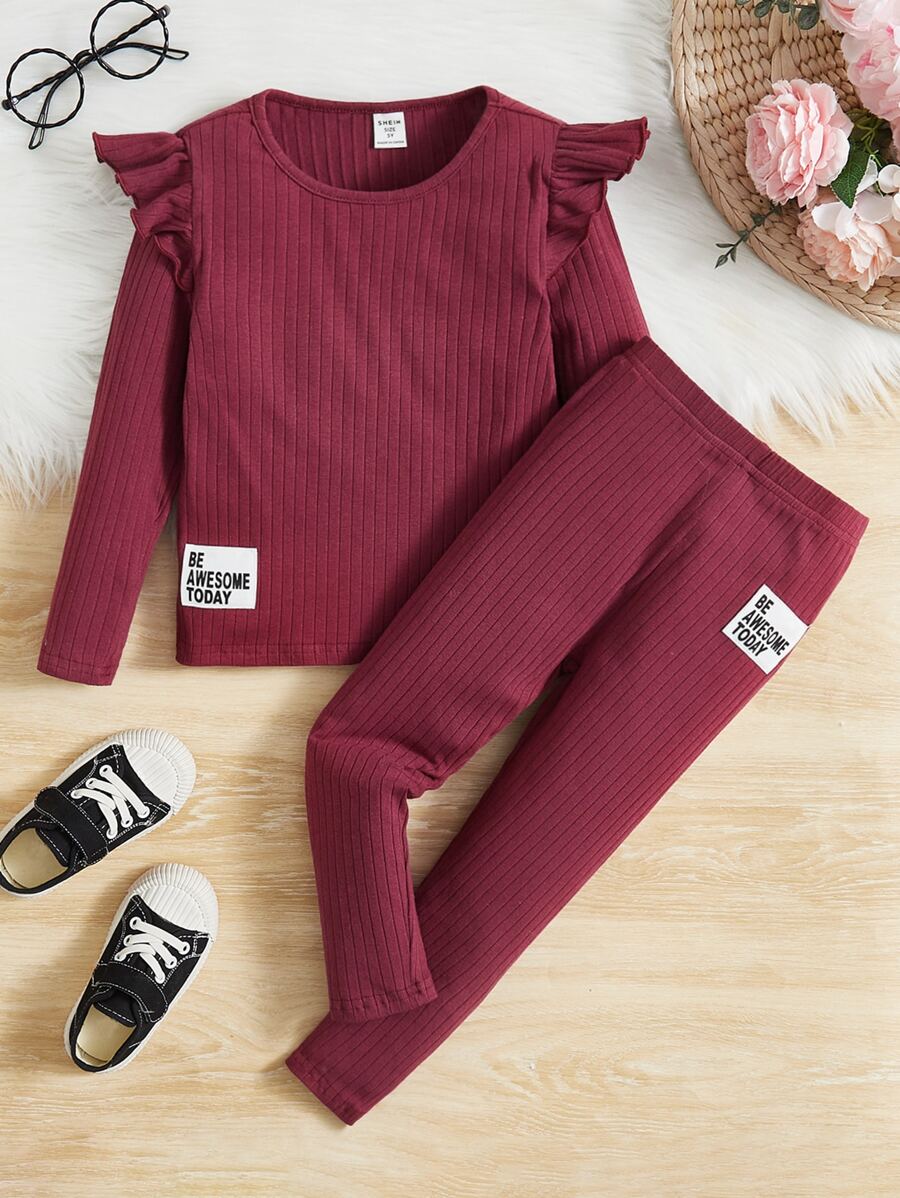 SHEIN Toddler Girls Ruffle Trim Tee & Letter Patched Leggings - Burgundy - View 1
