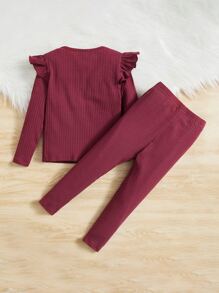 SHEIN Toddler Girls Ruffle Trim Tee & Letter Patched Leggings - Burgundy - View 2