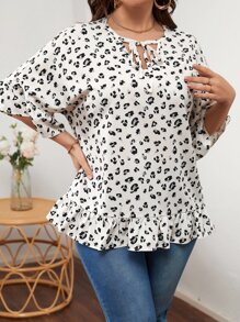 SHEIN LUNE Plus Leopard Print Tie Neck Blouse - Apricot - View 1