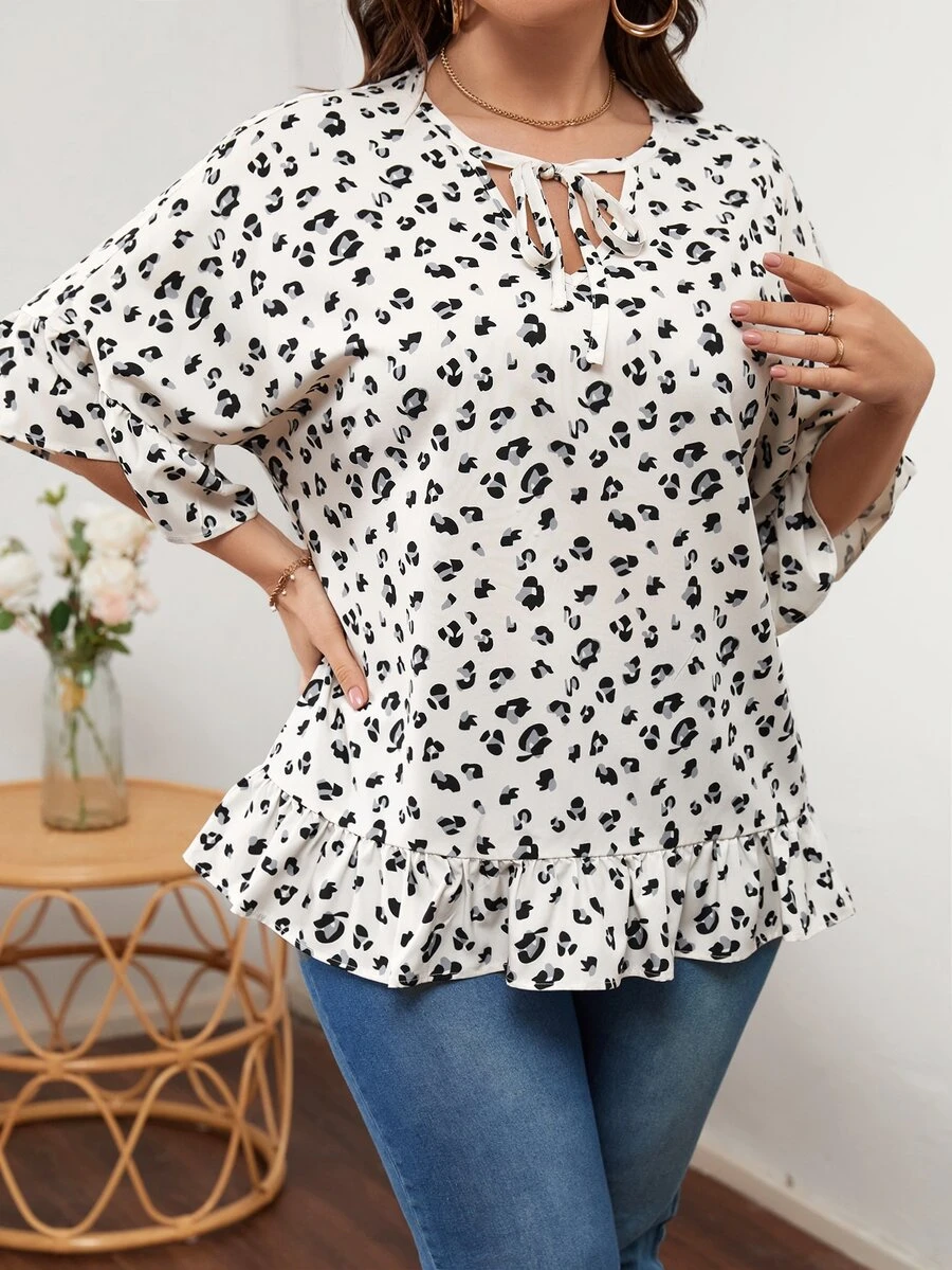 SHEIN LUNE Plus Leopard Print Tie Neck Blouse - Apricot - View 1