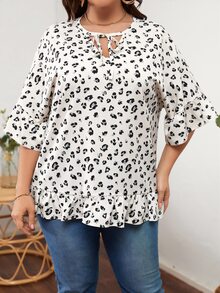 SHEIN LUNE Plus Leopard Print Tie Neck Blouse - Apricot - View 3