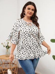 SHEIN LUNE Plus Leopard Print Tie Neck Blouse - Apricot - View 4