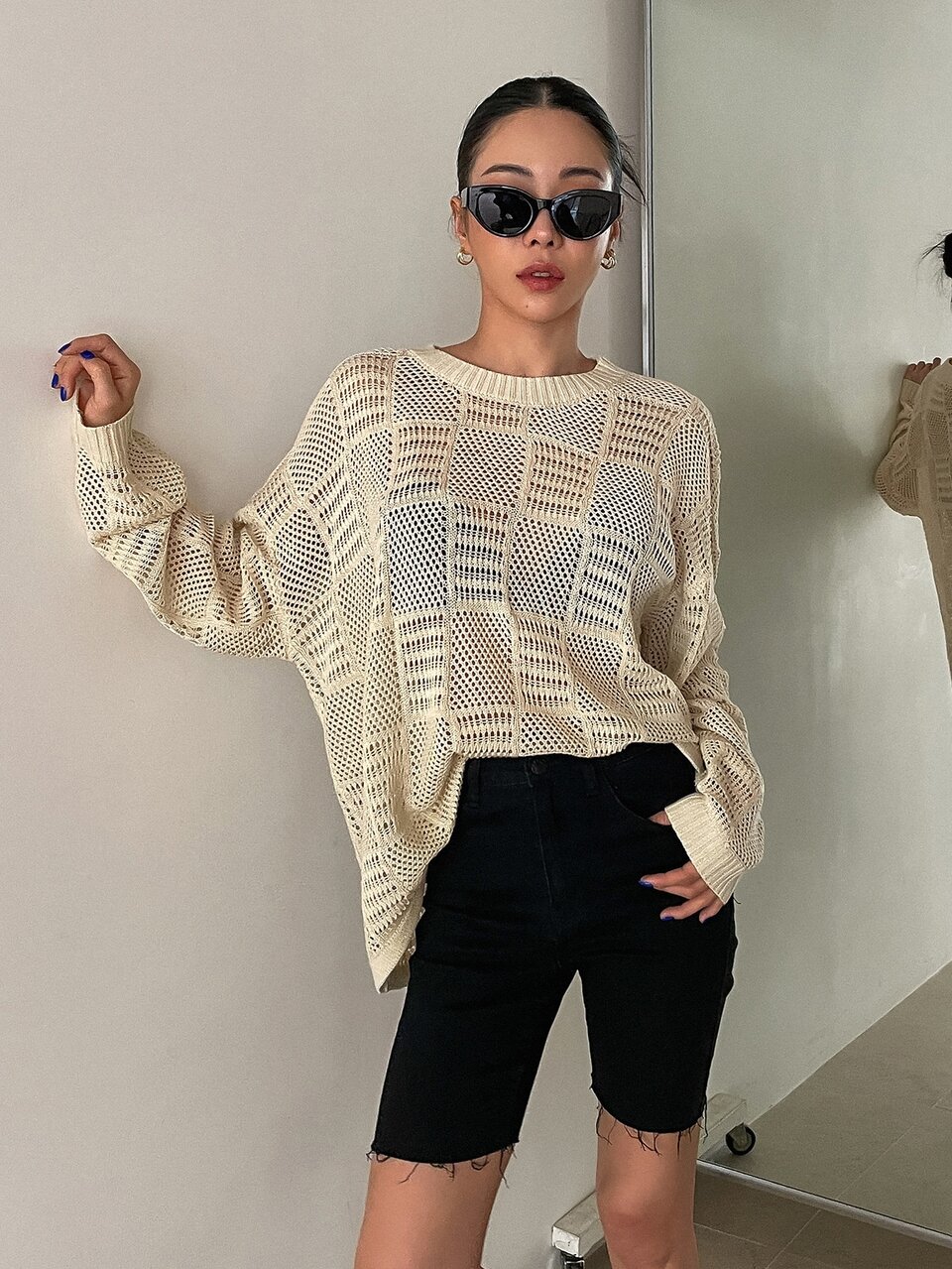 Pointelle Knit Drop Shoulder Sweater
