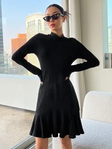 DAZY Mock Neck Ruffle Hem Dress - Black - View 5