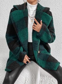 SHEIN EZwear Buffalo Plaid Pattern Lapel Neck Double Breasted Teddy Coat - Multicolor - View 1