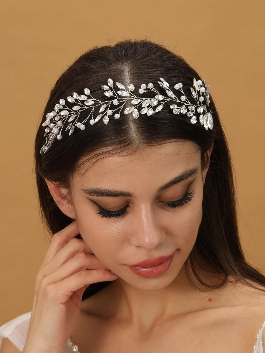 1件优雅女士水晶珍珠手工发箍，浪漫发饰，适合宴会礼服/新娘婚礼头饰，皇家皇冠，情人节配饰 - 銀色 - 查看 1