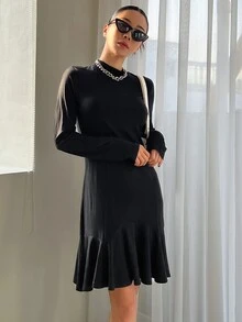 DAZY Mock Neck Ruffle Hem Dress - Black - View 3