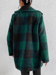 SHEIN EZwear Buffalo Plaid Pattern Lapel Neck Double Breasted Teddy Coat - Multicolor - View 2