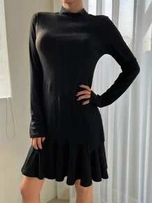 DAZY Mock Neck Ruffle Hem Dress - Black - View 8