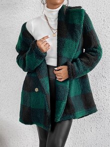 SHEIN EZwear Buffalo Plaid Pattern Lapel Neck Double Breasted Teddy Coat - Multicolor - View 3