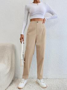 SHEIN EZwear 净色高腰萝卜裤 - 杏色 - 查看 3