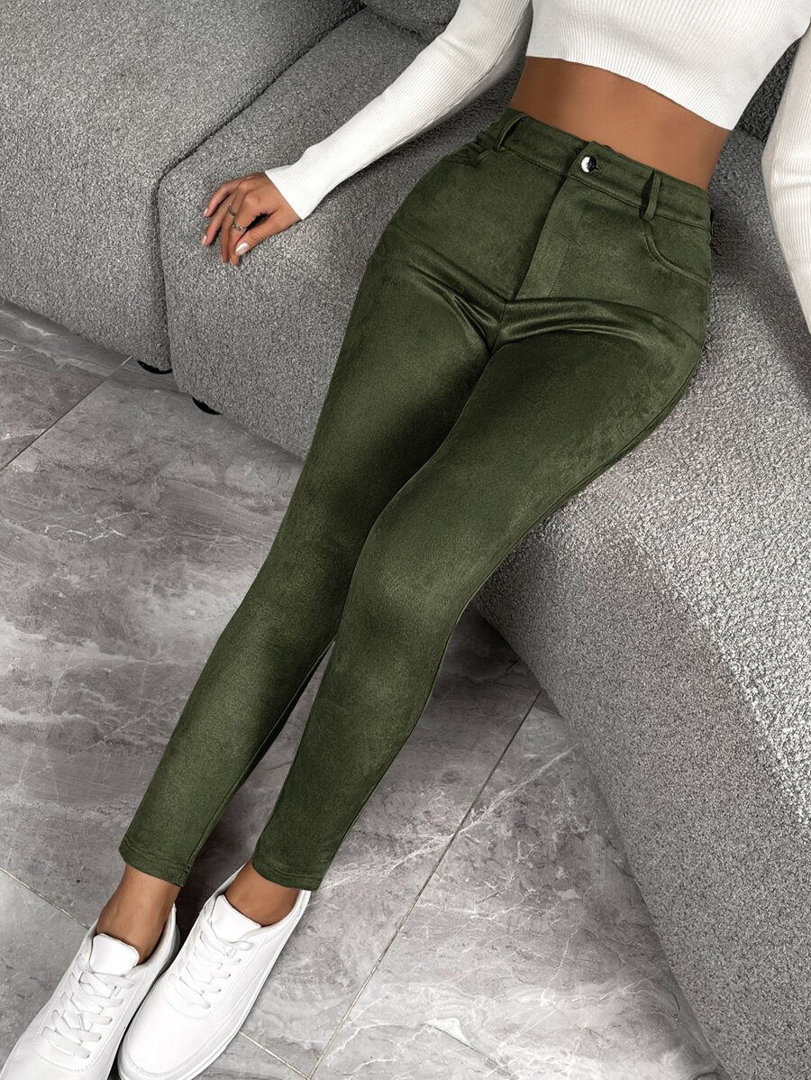 SHEIN Essnce 拉鏈門襟緊身褲 - 軍綠色 - 查看 1