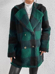 SHEIN EZwear Buffalo Plaid Pattern Lapel Neck Double Breasted Teddy Coat - Multicolor - View 5