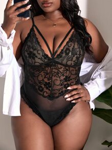 Plus Floral Lace Harness Teddy Bodysuit - màu đen - Xem 1