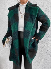 SHEIN EZwear Buffalo Plaid Pattern Lapel Neck Double Breasted Teddy Coat - Multicolor - View 6