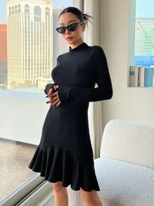 DAZY Mock Neck Ruffle Hem Dress - Black - View 1