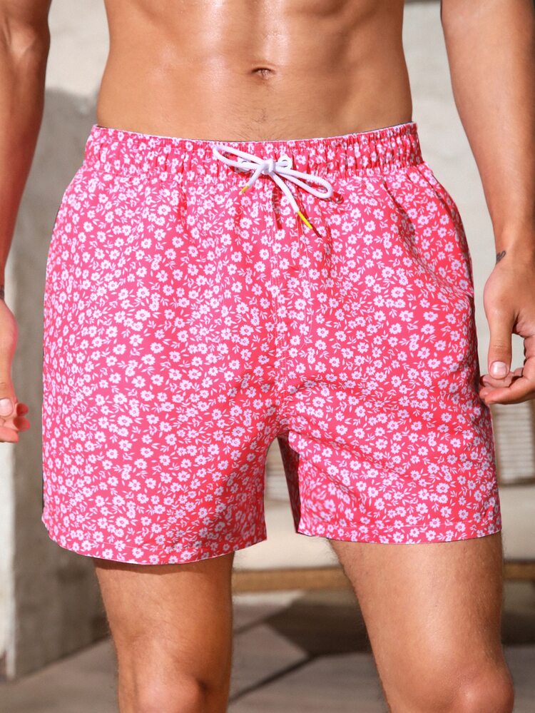 Men Ditsy Floral Graphic Drawstring Waist Shorts Pool Shorts, For Beach, Vacation