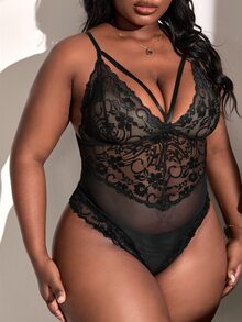 Plus Floral Lace Harness Teddy Bodysuit - màu đen - Xem 4