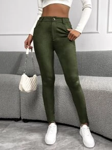 SHEIN Essnce 拉鏈門襟緊身褲 - 軍綠色 - 查看 5