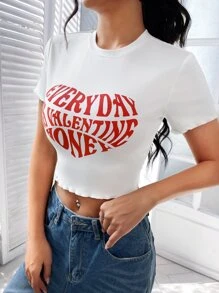 SHEIN EZwear 標語圖案短款T恤