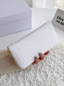 几何压纹长款钱包 轻薄便携，可存放现金，白领人士适用，适合女性，大学，工作，商务，通勤，办公室，周年纪念，情侣，生日礼物，情人节礼物，返校礼物 - 白色 - 查看 1